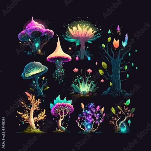 Fantasy flowers, trees, and mushrooms from alien world or planet. Isolated on a black background. vector illustration