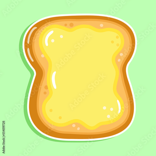Cute funny sliced toast bread and butter sticker character. Vector hand drawn cartoon kawaii character illustration icon. Isolated on white background. Bread and butter character concept