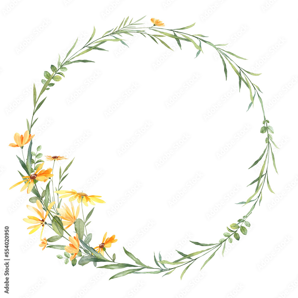 Floral wreath template with copy space in the middle. Wedding and greeting card template with realistic watercolor botany plants arranged into blooming wreath