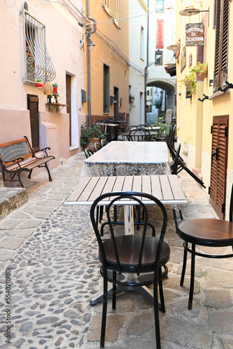 Castelsardo, Sardinia, Italy beautiful streets with terrace.