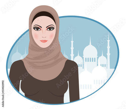 Portrait of muslim beautiful girl in hijab, vector illustration