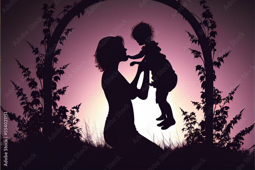 happy mother day greeting , love playing with her small daughter in silhouette full of emotions at sunset  generative ai 