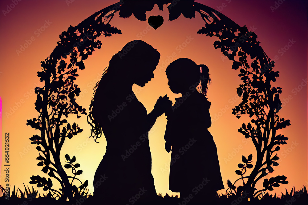 happy mother day , love playing with her small daughter in silhouette full of emotions at sunset  generative ai  