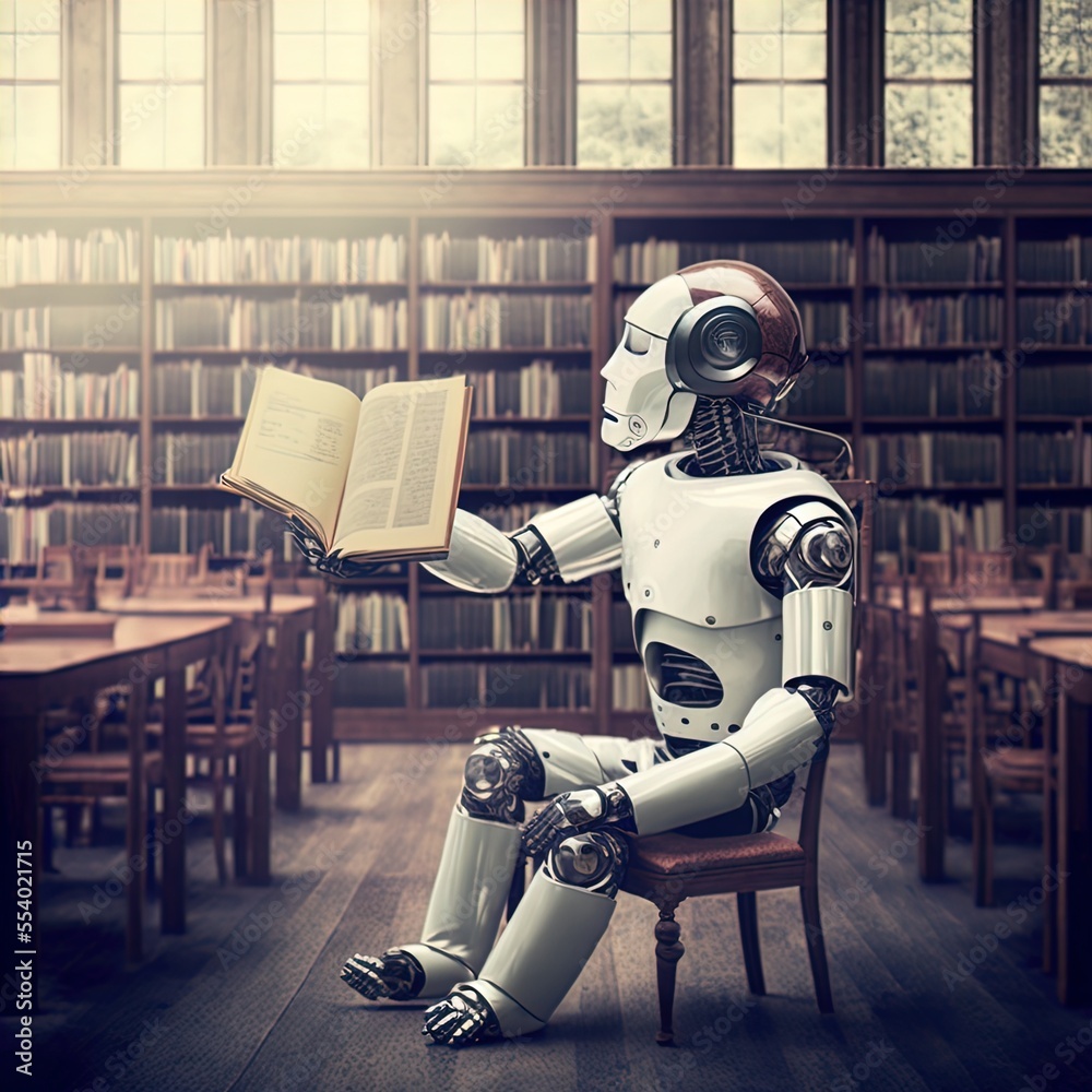 Fototapeta premium Robot reading in the library.