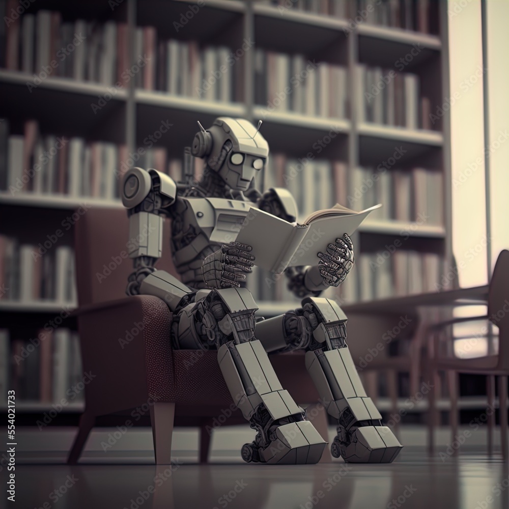 Fototapeta premium Robot reading in the library.