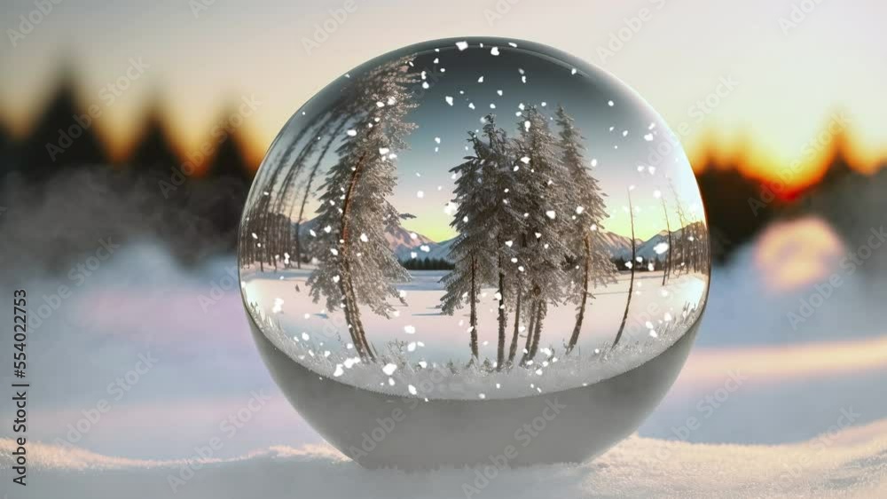 Snow globe in a snowy landscape with snow and trees
