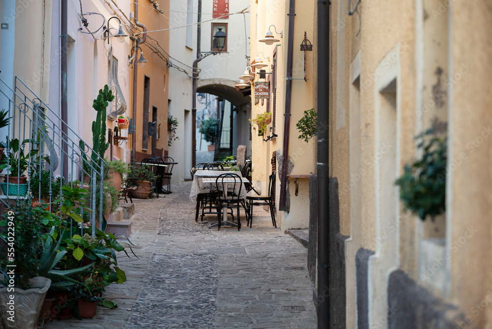 Obraz premium Castelsardo, Sardinia, Italy beautiful streets with terrace.