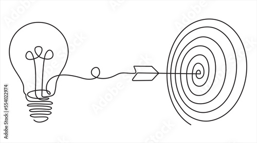 Continuous one line drawing of light bulb with a dart board.  Startup idea creative imagination jackpot highest point goals and winning education or business success.