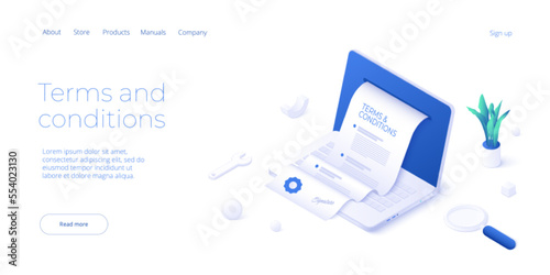 Terms and conditions concept in isometric vector design. User agreement or privacy policy online document on laptop screen. Legal contract document and law article. Web banner layout template