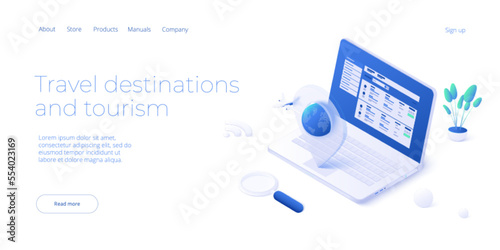 Traveling by air concept in isometric vector illustration. Around the world flight tour or trip. Cheap airline tickets searching and booking service. Website layout or web banner template