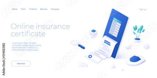 Online insurance certificate service in isometric vector design. Car or health and life safety document print with smartphone. Website layout or web banner template