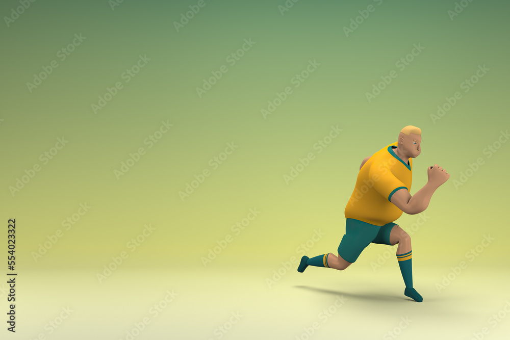 An athlete wearing a yellow shirt and green pants is runing. 3d rendering of cartoon character in acting.