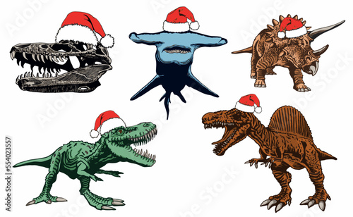 Vector set of color dinosaurs in Santa Claus red hats isolated on white background, dino collection