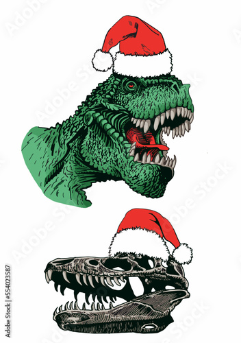 Vector set of color dinosaurs in Santa Claus red hats isolated on white background, dino collection