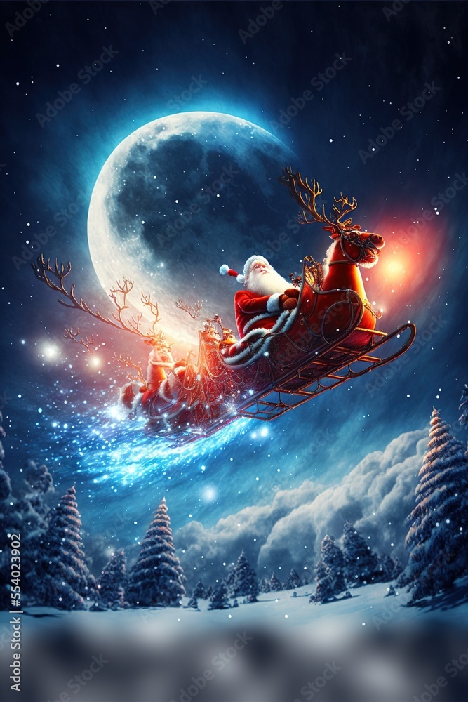 Santa Claus flying over with the reindeers under a large full moon, generative AI