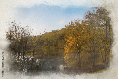 Digital watercolor painting of autumnal colours at Deep Hayes Country Park.