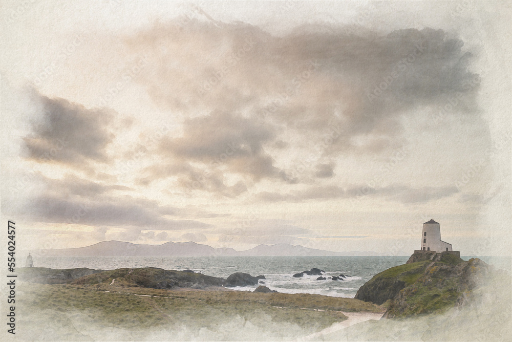 Digital watercolour painting of Llanddwyn island lighthouse, Twr Mawr at Ynys Llanddwyn, Anglesey, Wales, UK.