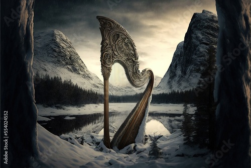 Winter mountain fantasy landscape  Antique harp  stringed ancient musical instrument. AI