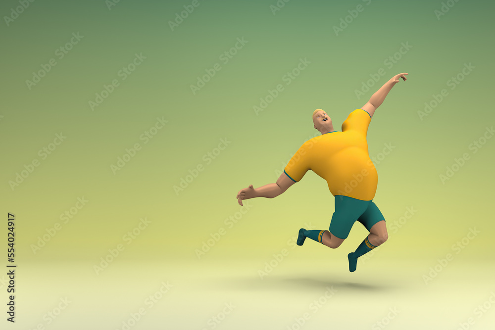 An athlete wearing a yellow shirt and green pants is jumping. 3d rendering of cartoon character in acting.