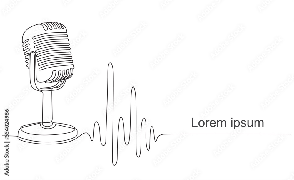 Continuous one single line drawing Retro microphone logo icon, tattoo, vector illustration concept - obrazy, fototapety, plakaty 