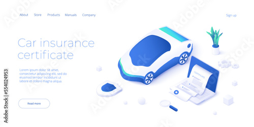 Online insurance certificate service in isometric vector design. Car or health and life safety document print with smartphone. Website layout or web banner template