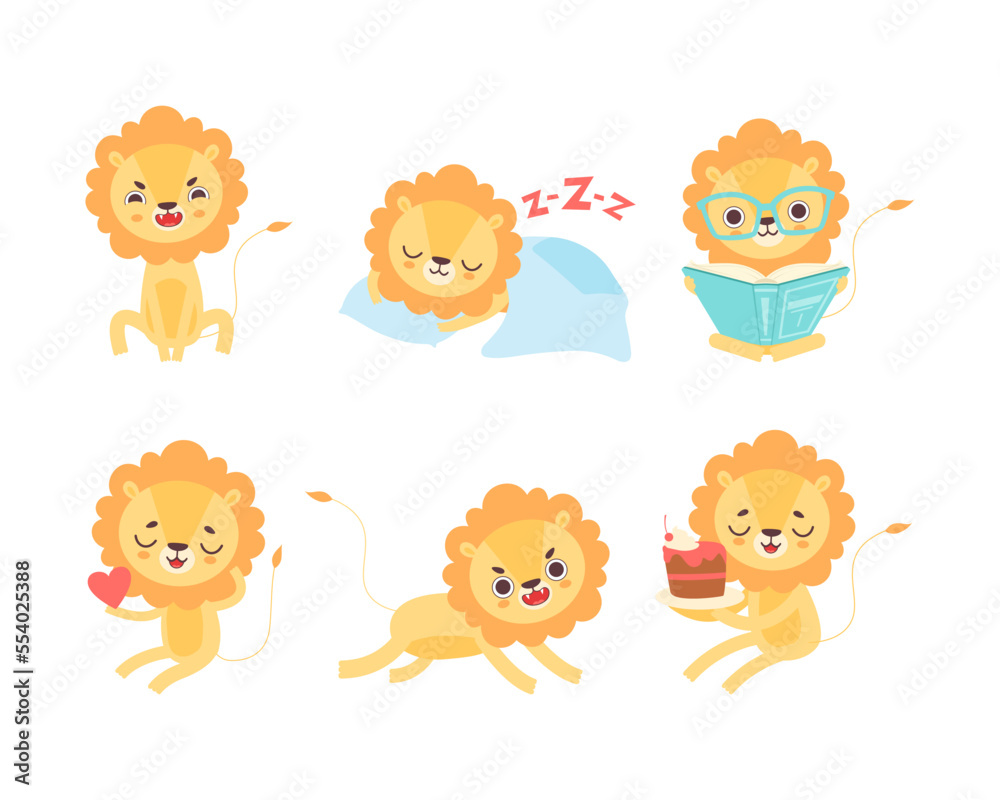 Lion Cub Character with Thick Mane Engaged in Different Activity Vector Set Lion Cub Character with Thick Mane Engaged in Different Activity Vector Set
