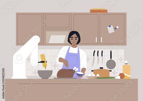 A young female Caucasian character cooking in the kitchen together with a robotic hand, modern lifestyle