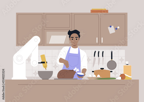A young male Caucasian character cooking in the kitchen together with a robotic hand, modern lifestyle