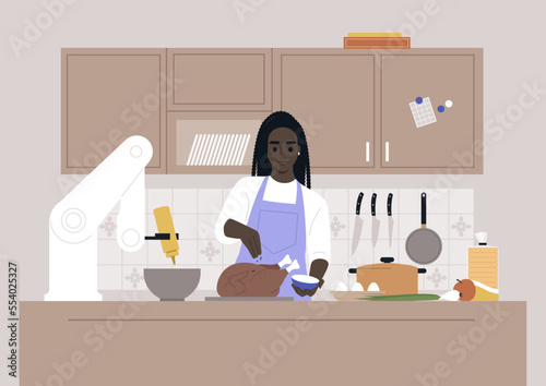 A young female African character cooking in the kitchen together with a robotic hand, modern lifestyle