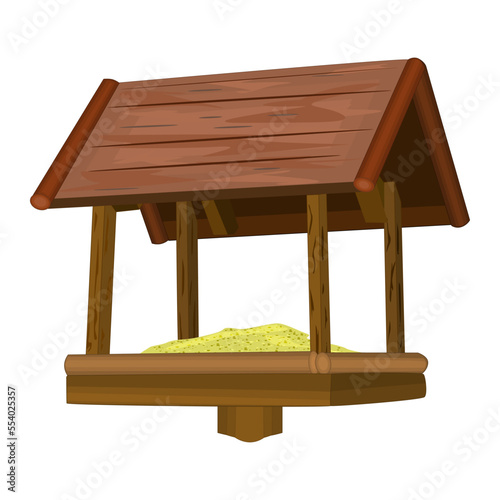 Bird feeder isolated on white background. Brown birdfeeder and food for wintering birds. Winter birdhouse with seeds. Wooden bird table on a pole. Stock vector illustration