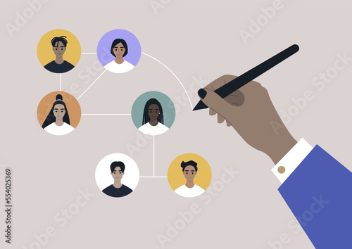 A hand drawing a network scheme between different team members, human resources