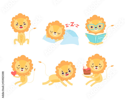 Lion Cub Character with Thick Mane Engaged in Different Activity Vector Set