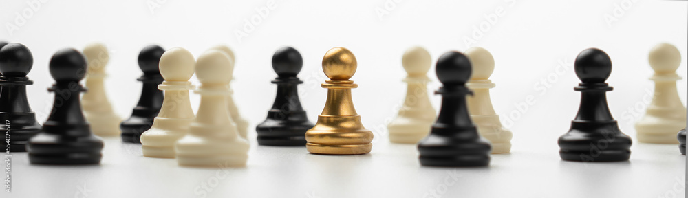 Golden Chess pawn standing to Be around of other chess, Concept of a leader must have courage and challenge in the competition, leadership and business vision for a win in business games Golden Chess pawn standing to Be around of other chess, Concept of a leader must have courage and challenge in the competition, leadership and business vision for a win in business games