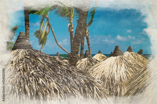 Vászonkép Digital watercolor painting of a thatched palm frond palapa.