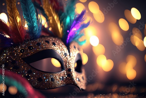 Realistic luxury carnival mask with colorful feathers. Abstract blurred background, gold dust, and light effects. Generative Ai. © makstorm