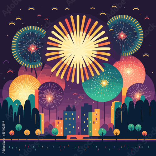 illustration of new year's fireworks above a city skyline