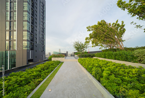 Sky garden on private rooftop of condominium or hotel, high rise architecture building with tree, grass field, and sunset sky.