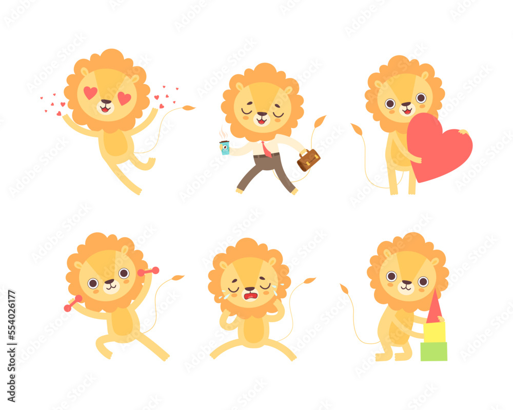 Lion Cub Character with Thick Mane Engaged in Different Activity Vector Set Lion Cub Character with Thick Mane Engaged in Different Activity Vector Set