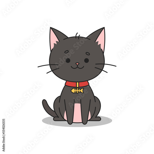 Cute happy black cat in a red collar with a gold medallion in the form of fish. Cat in kawaii style. Hand drawn vector illustration.