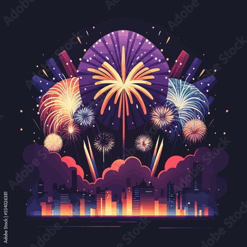 illustration of new year's fireworks above a city skyline