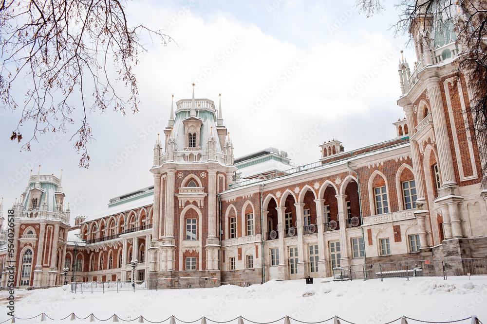 Obraz premium The Tsaritsyno Museum in the city. The business card of Moscow. A beautiful palace on the estate. Travel and tourism in Russia
