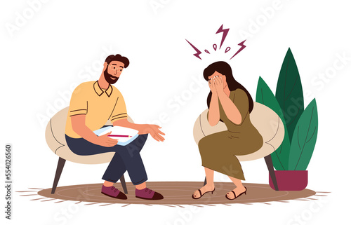 Depressed Worried Young Woman Suffering of Depression Anxiety Problem Feeling Frustrated and Paniced.Anxious Character Sitting Sad,Desperate at Psychologist Doctor Cabinet. People Vector Illustration