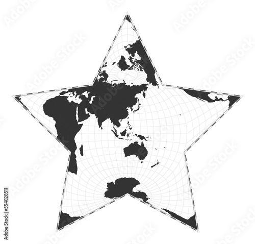 Vector world map in Berghaus star projection. Geographical map with latitude and longitude lines, centered at 120 degrees W longitude. Vector illustration.