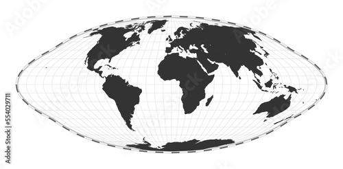 Vector world map in pseudocylindrical equal-area Goode homolosine projection. Geographical map with latitude and longitude lines, centered at 0 degrees longitude. Vector illustration.