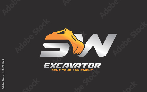 SW logo excavator for construction company. Heavy equipment template vector illustration for your brand.