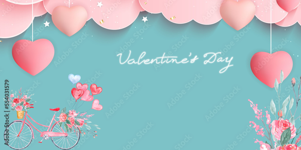 Valentine background with pastel blue color and pink love decoration
