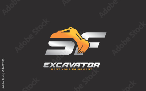 SF logo excavator for construction company. Heavy equipment template vector illustration for your brand.