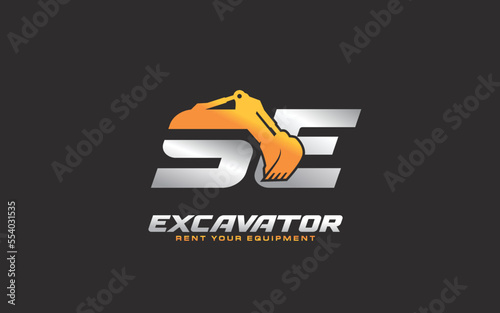 SE logo excavator for construction company. Heavy equipment template vector illustration for your brand.