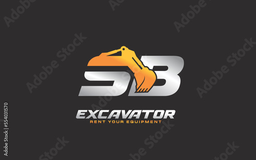 SB logo excavator for construction company. Heavy equipment template vector illustration for your brand.
