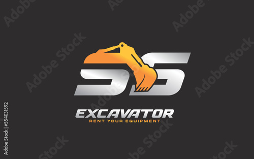 SS logo excavator for construction company. Heavy equipment template vector illustration for your brand.